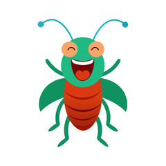 A cheerful cartoon insect with green body and orange abdomen is happily waving its arms and legs isolated on white background