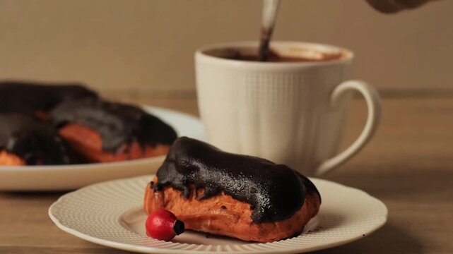 Hand stirring a hot beverage in a mug next to a chocolate eclair