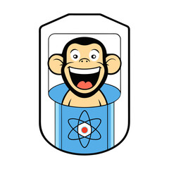 Cartoon chimpanzee character with a wide smile inside a futuristic capsule with an atomic symbol isolated on white background