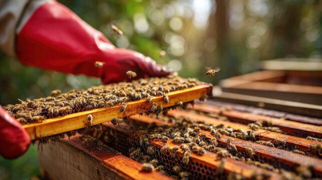 Beekeeper gloved hands red honeycomb apiary beekeeping agriculture insect