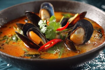 Tom Yam soup mussels Thai culinary food cuisine seafood authentic