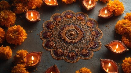 Mandala symmetrical arrangement spiritual pattern geometric design top view