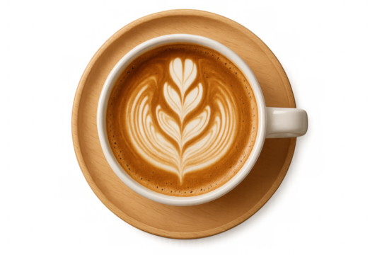 Coffee art with a latte heart design in a white ceramic mug on a wooden saucer, offering a top view