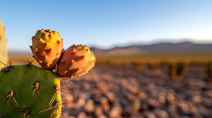 Close-up of a prickly pear cactus with vibrant fruit in the desert. A green pad anchors the reddish, budding fruit under a clear blue sky during golden hour, with blurred desert expanse.