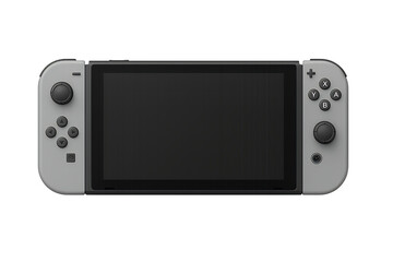 Wireless handheld gaming console with detachable controllers showing blank screen, isolated on transparent background