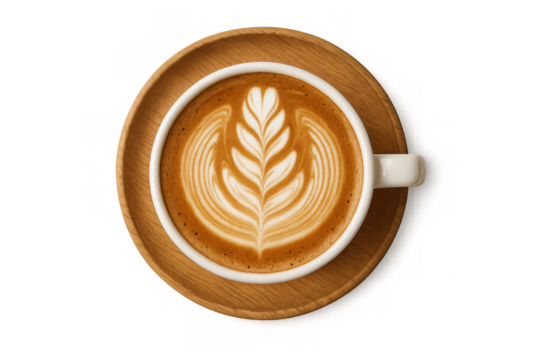Hot cappuccino with latte art on a wooden coaster, top view of coffee drink in a white cup, transparent background