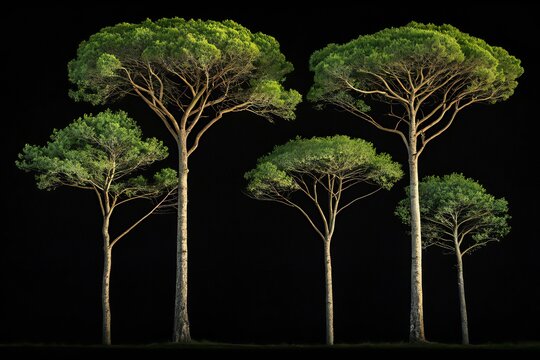 Five Italian Stone Pine Trees Against a Black Background