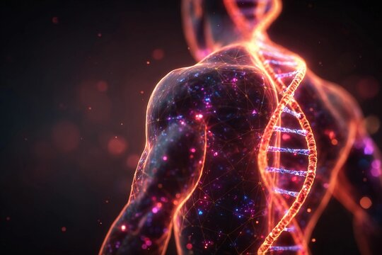 Human silhouette with glowing swirling gene pattern in dark space Generative AI
