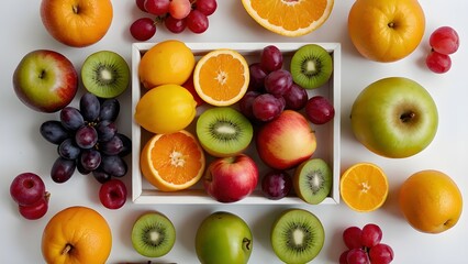 Overhead view of assorted fresh fruits — apples, oranges, kiwi, berries, mango, and grapes — arranged neatly on white background, bright natural light, vivid colors, perfect for health and nutrition t
