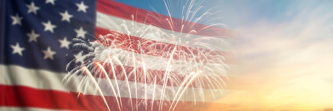 American flag with fireworks in the sky for independence day celebration