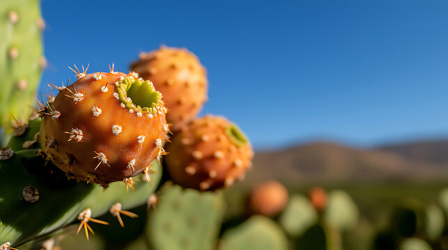 Close-up of spiky prickly pear cactus fruit against a clear blue sky. Vibrant orange fruits stand out, showcasing nature's beauty in arid landscapes. Sharp needles protect the sweet fruit.