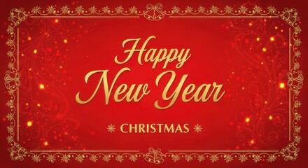 Elegant Happy New Year and Christmas festive wishes with shimmering gold text and border on a vibrant red background perfect for holiday greetings