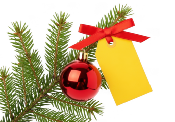 Red christmas ornament hanging from a fir tree branch with a yellow tag and red ribbon isolated on transparent background