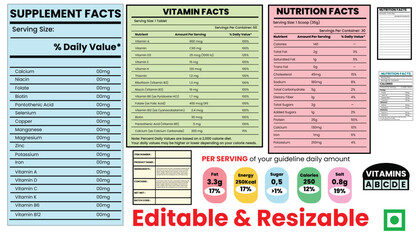 nutrition facts, supplement facts, vitamin facts, product label elements, nutrition fact template, food label, supplement label