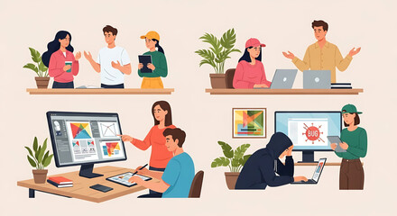 Fototapeta premium Creative concept vector illustrations showing design, art, and idea generation. Includes teamwork, brainstorming, and creative process elements for modern projects.