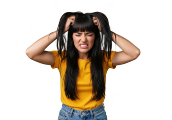 Young woman with long dark hair pulling her hair in frustration, grimacing with eyes closed, isolated on transparent background