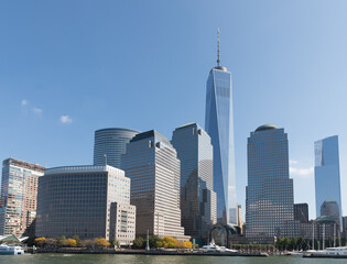 Obraz premium New York City, NY, USA. October 17, 2014: Skyline of Lower Manhattan featuring One World Trade Center on a clear day.