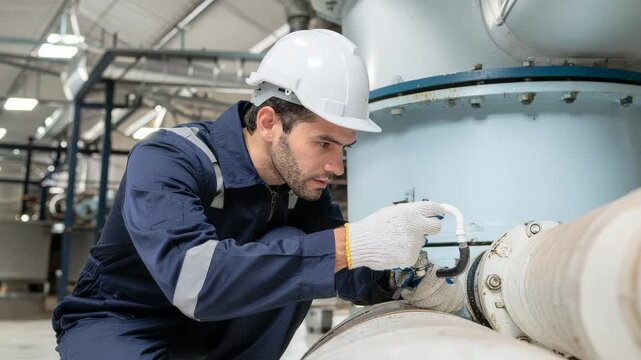 An industrial worker in a hard hat and gloves carefully fixes a small valve leak on a large pipe.