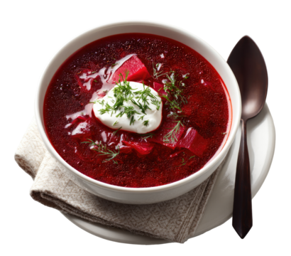 Bowl of vibrant red soup, topped with sour cream and fresh herbs