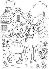 coloring book girl tying ribbon on antler of big deer at home yard