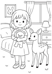 coloring book girl holding doll while deer stands in bedroom