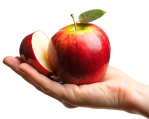 Fair hand holding red apple and slice isolated on a transparent background fruit