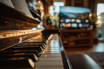 Ujęcie klawiszy pianina w zbliżeniu na pierwszym planie, podczas gdy w głębi, zamazany, nowoczesny telewizor wyświetla treści na tle wnętrza.