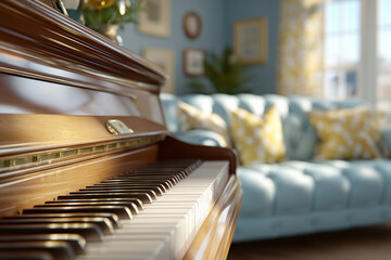 Detale brązowego pianina w ciepłym słońcu na pierwszym planie, z błękitną sofą, żółtymi poduszkami i jasnym wnętrzem w tle.