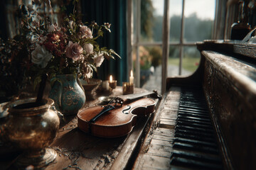 Martwa natura w nastrojowym świetle świec, łącząca skrzypce, bukiet róż i stare pianino, na tle okna z widokiem na zamglony ogród.