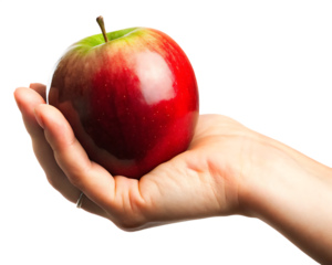 Fair hand holding vibrant red apple isolated on white isolated on a transparent background