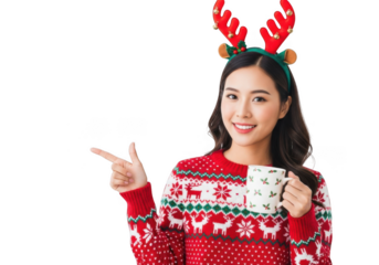 Young asian woman wearing a red christmas sweater and reindeer antlers, holding a mug and pointing to the side, isolated on transparent background