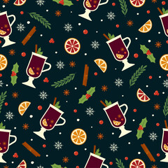 Seamless vector pattern with mulled wine, orange slices and christmas elements in flat style. New Year backdrop with mistletoe and snowflakes. Winter wallpaper with simple shapes
