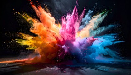 A vibrant explosion of colorful powder against a dark backdrop, creating a dynamic visual