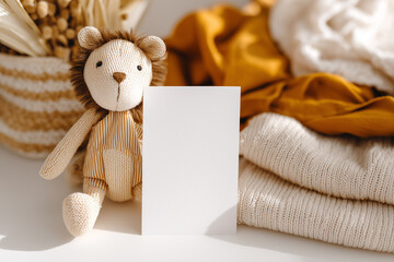 Przytulna aranżacja: miękki, pluszowy lew siedzący obok pustej, pionowej, białej kartki na tle stosu beżowych i musztardowych ubrań dziecięcych.