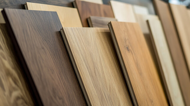 Diverse wood flooring samples displayed, showcasing various grains, textures, and colors. Ideal for interior design inspiration, offering a range of natural tones for any space.