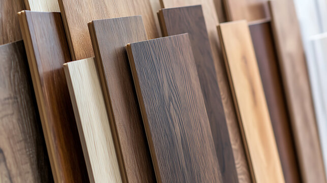 Assortment of hardwood flooring samples in various wood tones. Warm natural brown and light beige colors show the wood grain. Home interior design options.