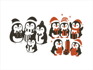 Fototapeta premium Christmas Stockings Hanging on Fireplace Cute Cute penguins celebrating Christmas with presents 