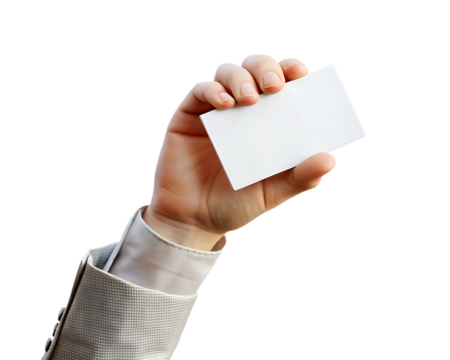 Fair skinned hand holding blank white card in suit isolated on a transparent background 1