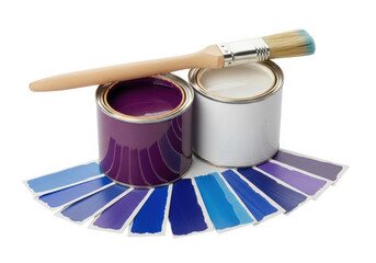 Two open cans of purple and white paint with a paintbrush resting on top and a fan of blue and purple color swatches below, isolated on transparent background