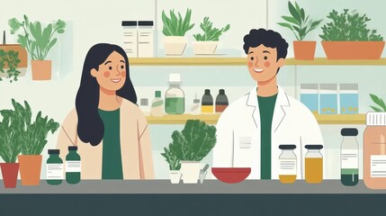 Herbalist Shop Scene with Botanicals and Smiling Staff