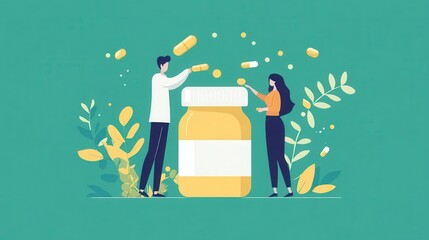 People interacting with medicine capsules and bottle