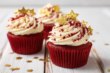 Three red velvet cupcakes with cream cheese frosting and golden stars