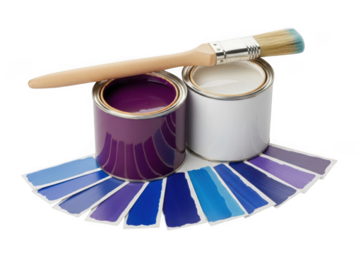 Two open cans of purple and white paint with a paintbrush resting on top and a fan of blue and purple color swatches below, isolated on transparent background - Powered by Adobe