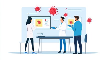 Medical Research Team Analyzing Virus Data in Laboratory