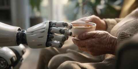 Humanoid Robot Assisting Elderly Man with Tea in Modern Caregiving Scene