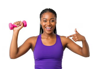 A smiling young black woman with braided hair wearing a purple tank top holds a pink dumbbell and points to her bicep, isolated on transparent background