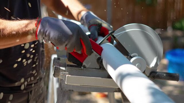 Worker cutting metal pipe with circular saw during construction work showing industrial craftsmanship, power tool action, safety gloves, renovation, engineering process