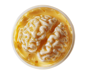 A stylized brain, creamy yellow, in a clear, round container