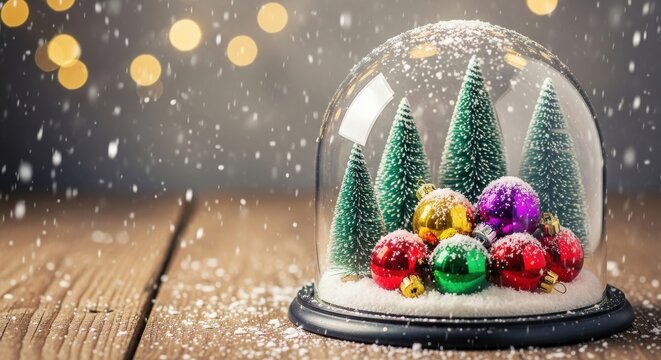 Charming winter wonderland snow globe scene with miniature trees and colorful ornaments, perfect for holiday marketing and festive seasonal campaigns