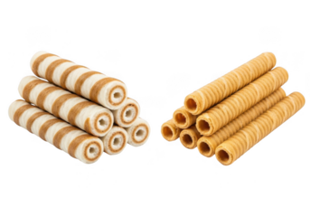 Two piles of sweet wafer rolls, one with cream filling and stripes, the other plain, isolated on transparent background